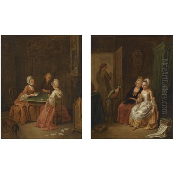 An Interior With Two Ladies And A Gentleman Playing Cards (+ An Interior With Two Ladies And A Parrot; Pair) Oil Painting by Nicolas Bernard Lepicie