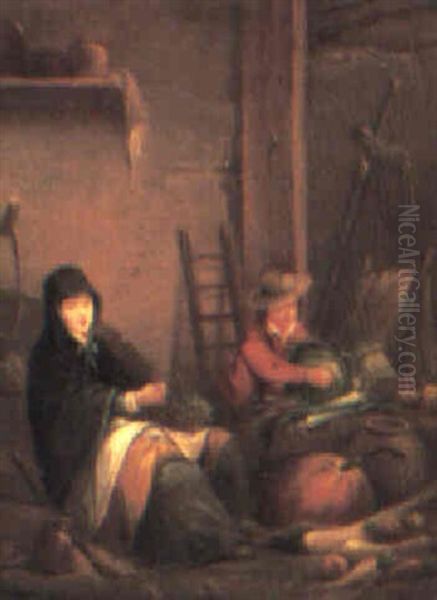 Barn Interiors With Girl And Boy Oil Painting by Nicolas Bernard Lepicie