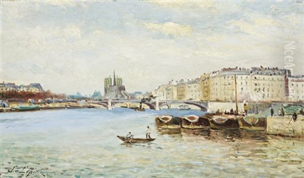 View Of The Seine Toward Pont Sully And Notre Dame Oil Painting by Stanislas Lepine