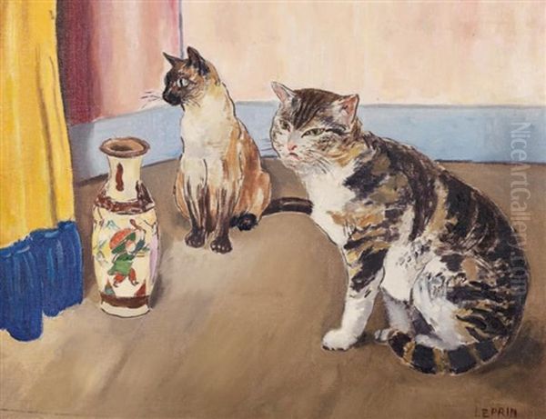 Les Chats Au Vase Chinois Oil Painting by Marcel Leprin