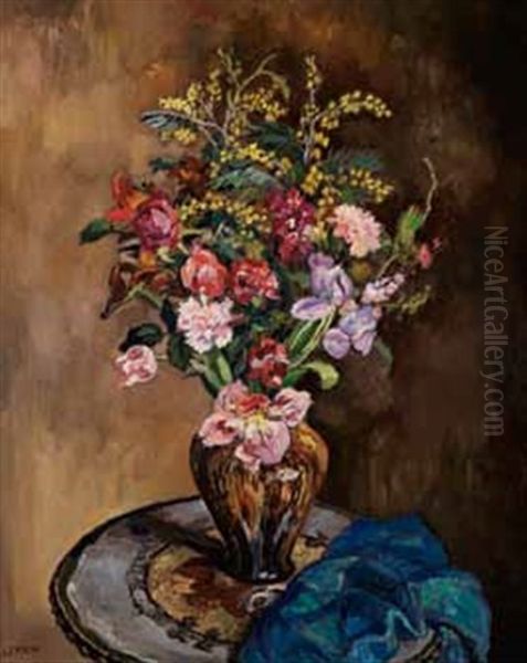 Vase De Fleurs Sur Un Gueridon Oil Painting by Marcel Leprin