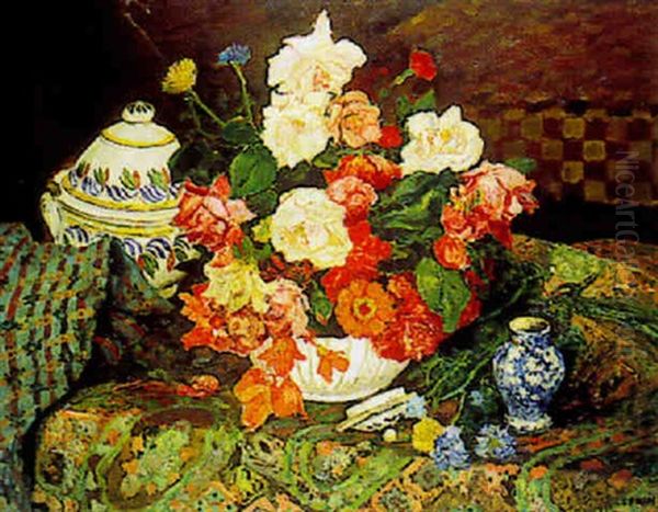 Nature Morte Au Bouquet De Roses, Soupiere Et Tapis Oil Painting by Marcel Leprin