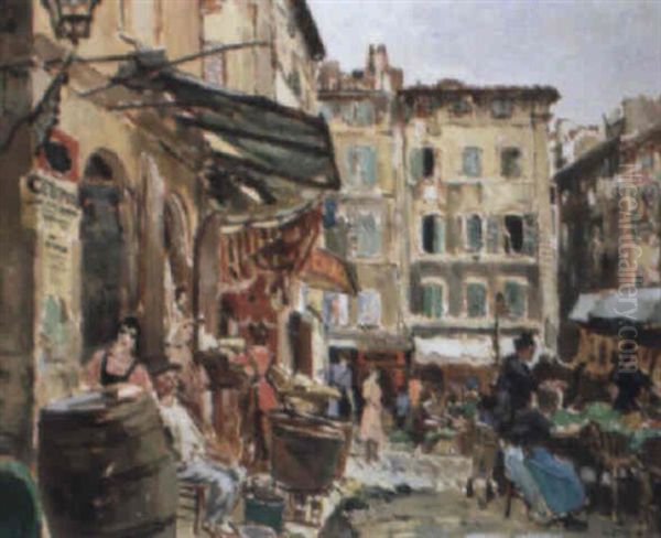 La Place Du Marche Oil Painting by Marcel Leprin