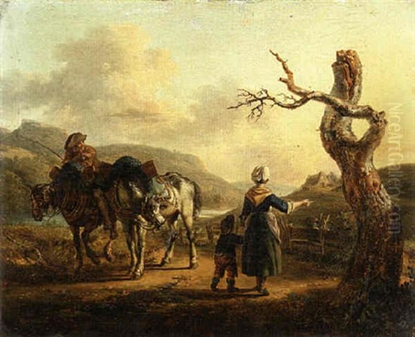 A Traveller On Horseback Conversing With A Mother And Child On A Path Oil Painting by Auguste-Xavier Leprince