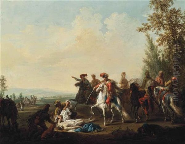 Cavaliers Attending A Fallen Comrade In A Landscape Oil Painting by Jean-Baptiste Leprince