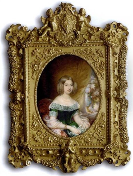 Princess Louise Of France, Duchess Regent Of Parma, Seated In A Red Upholstered Chair Beside A Window Ledge With A Vase Of Flowers, In Green Velvet Dress With Deep Lace Collar And Cuffs Oil Painting by Hippolyte Joseph Lequeutre