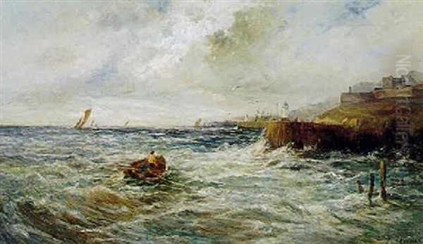 Marine Med Sejlskibe Og Fiskebad Ud For Klippekyst Oil Painting by Louis Eugene Leroux