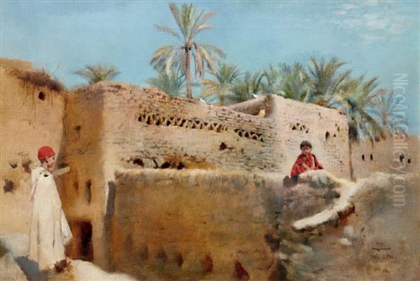 Sur Les Terrasses De Chetma, Biskra Oil Painting by Paul Alexandre Alfr. Leroy