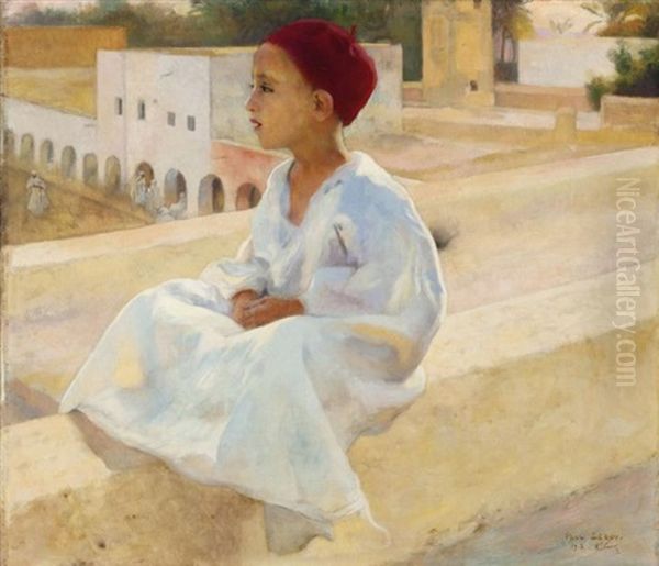 Jeune Garcon Sur La Terrasse Oil Painting by Paul Alexandre Alfr. Leroy