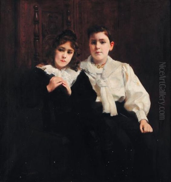 Portraits De Deux Jeunes Filles Oil Painting by Paul Alexandre Alfr. Leroy