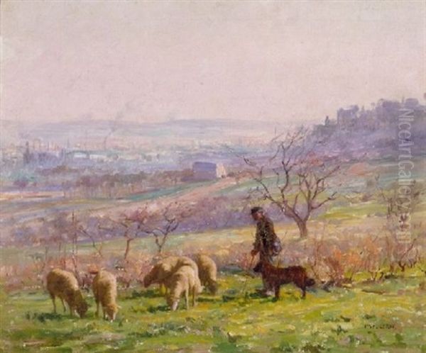 Farmer With His Flock Of Sheep Outside A French City Oil Painting by Paul Alexandre Alfr. Leroy