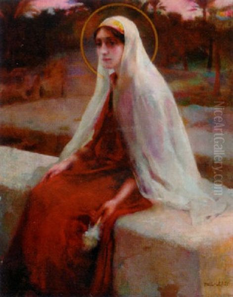 A Female Saint Spinning Wool Oil Painting by Paul Alexandre Alfr. Leroy