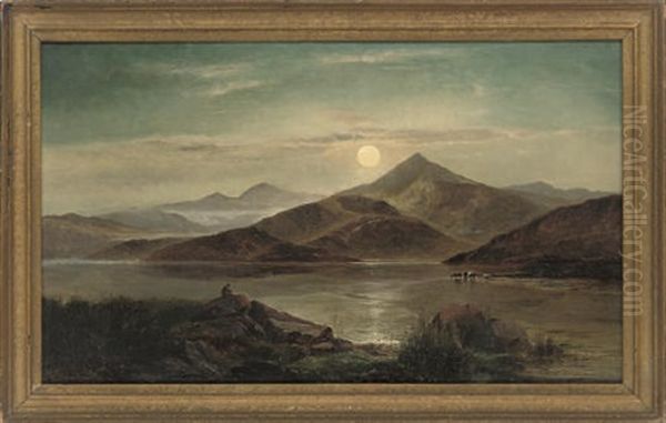 Harvest Moon, Bala Lake, North Wales Oil Painting by Charles Leslie