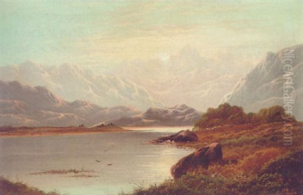 A Highland Lake Landscape At Sunset Oil Painting by Charles Leslie