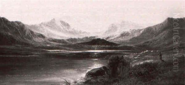 A Drover And His Flock Before A Highland Loch Oil Painting by Charles Leslie