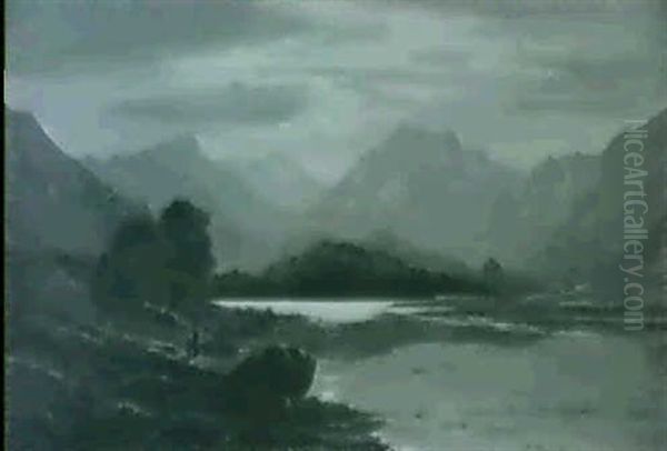 Figures Before A Lake In A Mountainous Landscape By         Moonlight Oil Painting by Charles Leslie