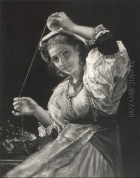 Winding Wool Oil Painting by George Dunlop, R.A., Leslie