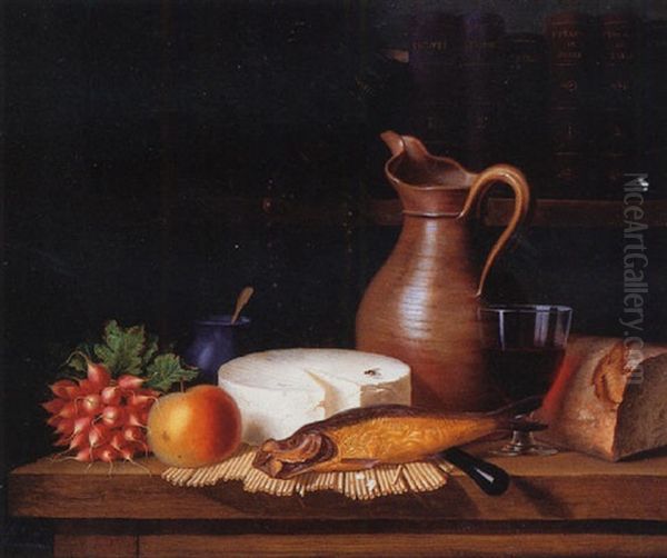 Still Life Of Fruit, Cheese, Fish And Wine Oil Painting by Ange Louis Guillaume Lesourd-Beauregard