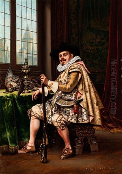 Adliger In Herrschaftlichem Salon Nach Der Jagd Oil Painting by Adolphe Alexandre Lesrel