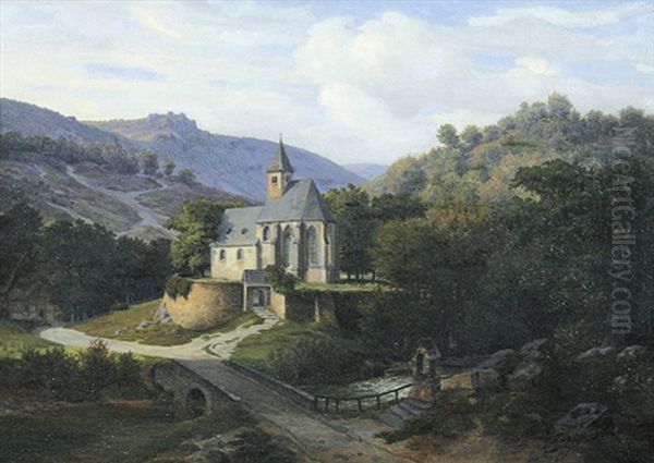 Gotische Waldkapelle In Einem Gebirgstal, Vorne Eine Brucke Uber Einen Bach Oil Painting by Karl Friedrich Lessing