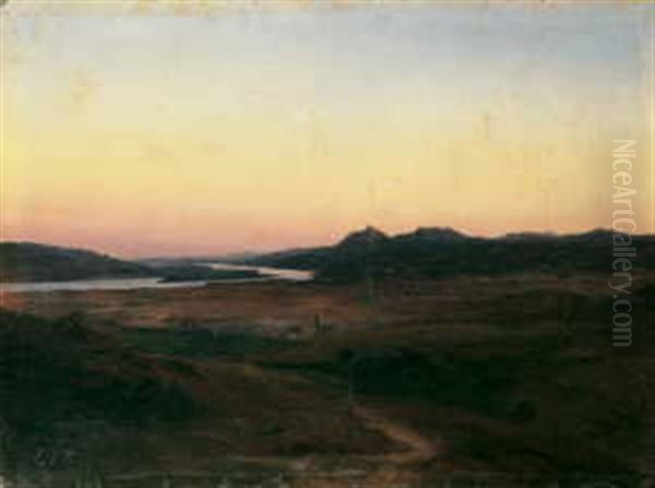 Am Rhein Zwischen Koblenz Und Bonn. Blick Rheinabwarts Auf Das Siebengebirge Und Den Rolandsbogen Oil Painting by Karl Friedrich Lessing
