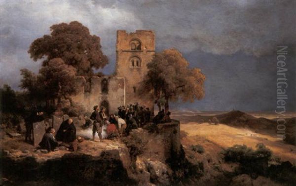 Landscape With Castle And Soldiers Oil Painting by Karl Friedrich Lessing