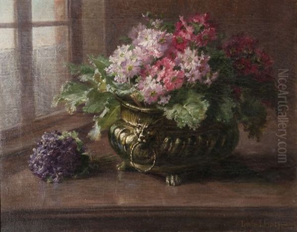 Zinhias Et Violettes Devant La Fenetre Oil Painting by Louis Letsch
