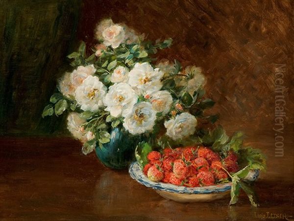 Still Life With Strawberries And Roses Oil Painting by Louis Letsch