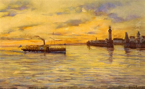 Blick Vom Osten Auf Die Lindauer Hafeneinfahrt Mit Bayerischem Raddampfer An Einem Prachtvollen Sommerabend Oil Painting by Louis Letsch