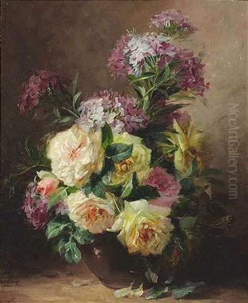 Blumenstilleben Mit Rosen Und Hortensien In Einer Tonvase Oil Painting by Louis Letsch