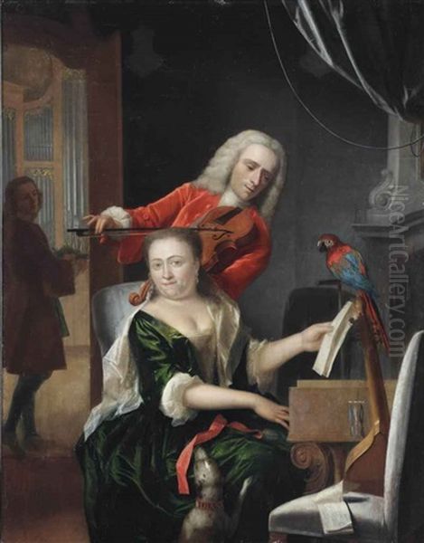 A Man And A Woman Making Music In An Interior, With A Dog And A Parrot Oil Painting by August Leu the Younger
