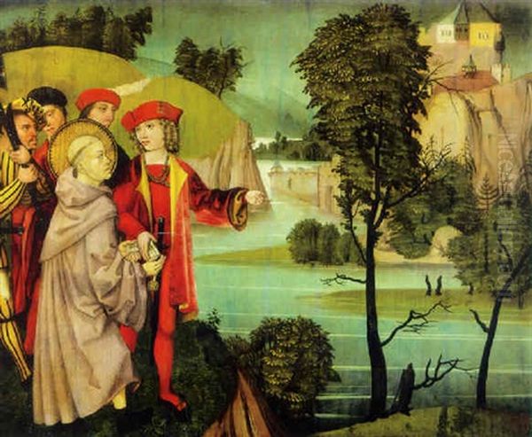 Personnages Et Moine Arrivant En Vue D'une Abbaye Oil Painting by Hans the Younger Leu