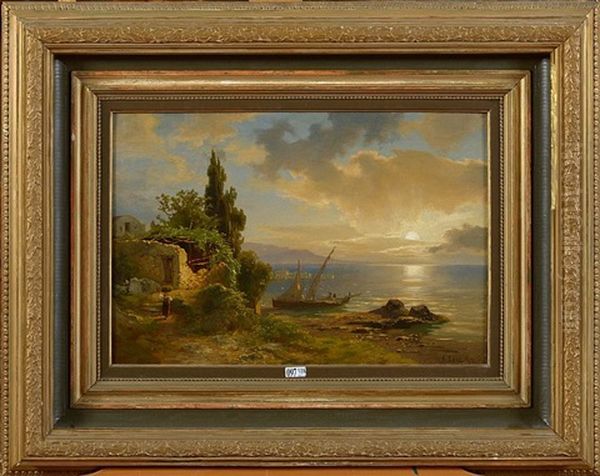 Coucher De Soleil Dans La Baie De Naples Animee Oil Painting by August Wilhelm Leu