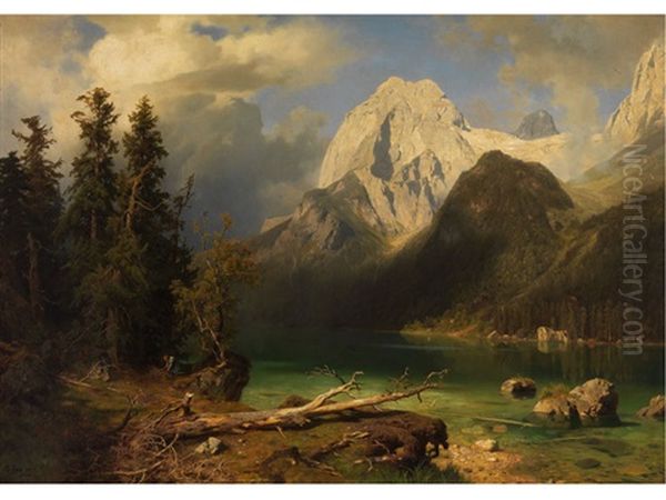 Gebirgssee Mit Gebirgsmassiv Im Hintergrund Oil Painting by August Wilhelm Leu