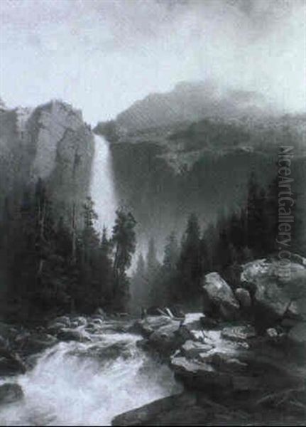 Angler Am Wasserfall Oil Painting by August Wilhelm Leu