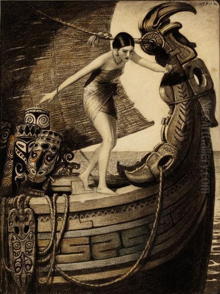 Women In Aboriginal Boat Oil Painting by Wladyslaw Theodor Benda