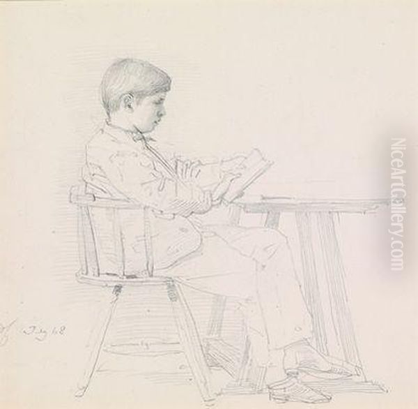 Ein An Einem Tisch Sitzender Lesender Knabe Oil Painting by Eduard (Julius Friedrich) Bendemann