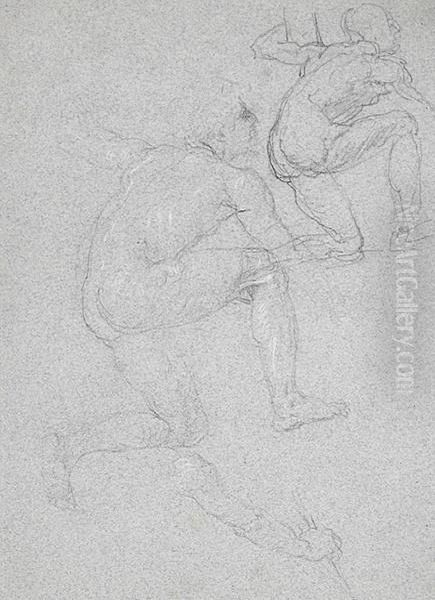 Sitzende Mit Ausgestreckten Beinen - Studienblatt Mit Kniendem (2) Und Armstudie Oil Painting by Eduard (Julius Friedrich) Bendemann