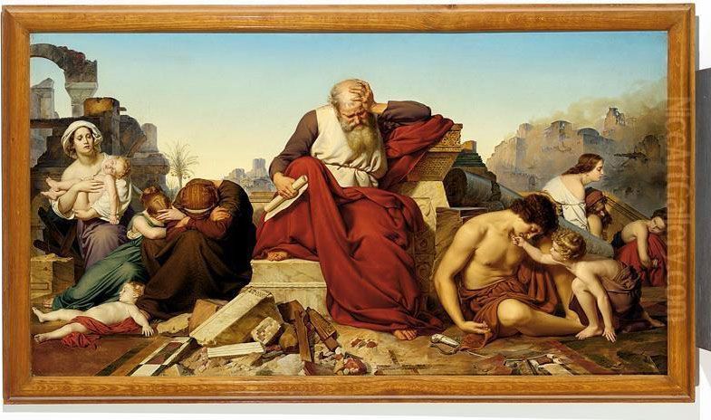Jeremia Seated In The Ruins Of Jerusalem Oil Painting by Eduard (Julius Friedrich) Bendemann