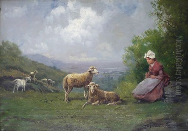 Bergere Et Son Troupeau Oil Painting by Theodore Levigne