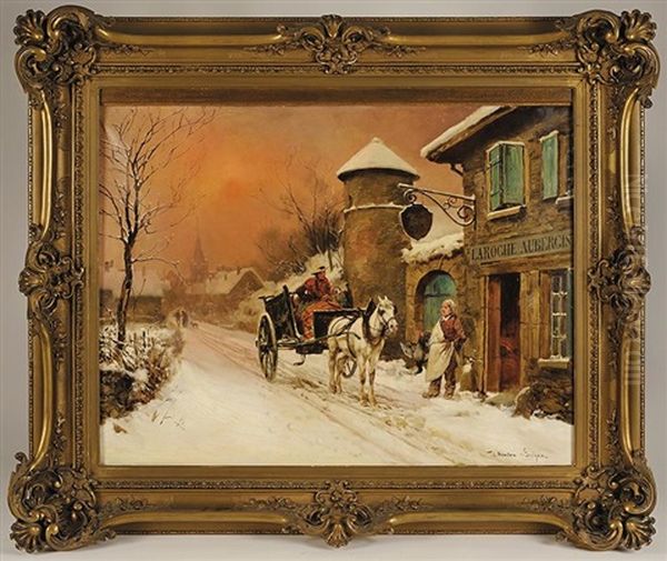 L'auberge Du Pere Laroche Sous La Neige Oil Painting by Theodore Levigne