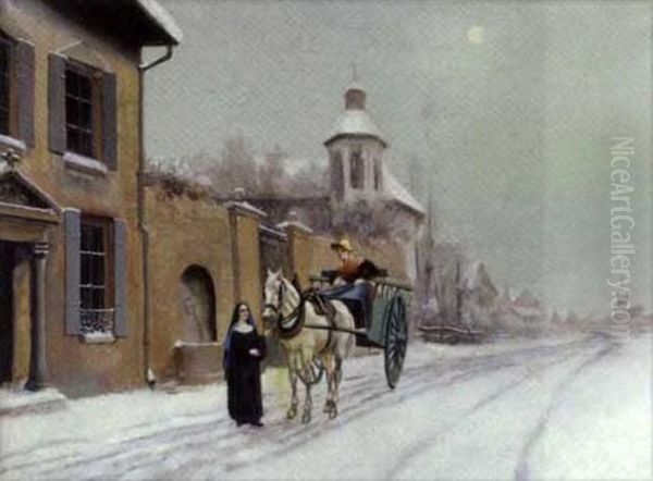 L'arrivee Au Couvent Sous La Neige Oil Painting by Theodore Levigne