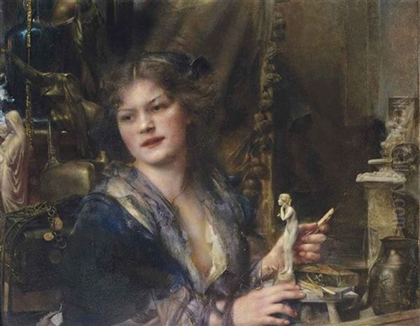 A Sculptress In Her Studio Oil Painting by Max Levis
