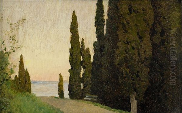 Crimea; Cypress Avenue By The Sea Oil Painting by Isaak Ilyich Levitan