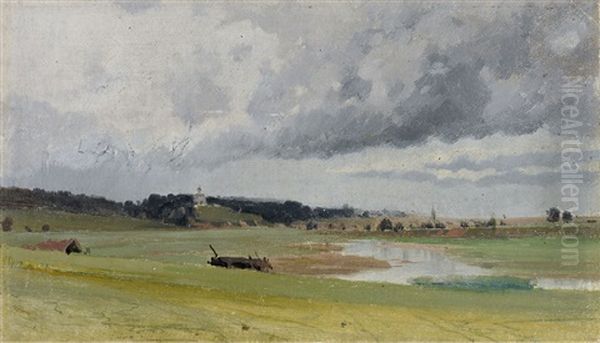 Blick Uber Eine Ebene Mit Spiegelndem Gewasser Auf Hugelzug Mit Kirchlein Oil Painting by Isaak Ilyich Levitan