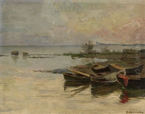 Boats By The Coast Oil Painting by Isaak Ilyich Levitan
