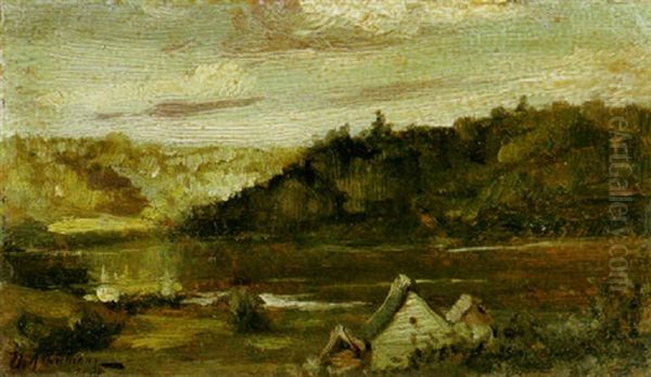 A Landscape With A Lake And A Cabin In The Foreground Oil Painting by Isaak Ilyich Levitan