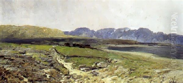 Russisk Landskab Med Bjerge I Baggrunden Oil Painting by Isaak Ilyich Levitan