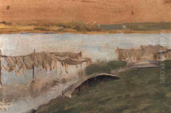 Nets Drying By The River Oil Painting by Isaak Ilyich Levitan