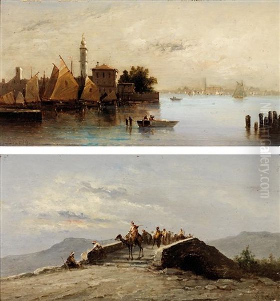 Caravane Sur Un Pont, Port D'orient (2 Works) Oil Painting by Alphonse Levy